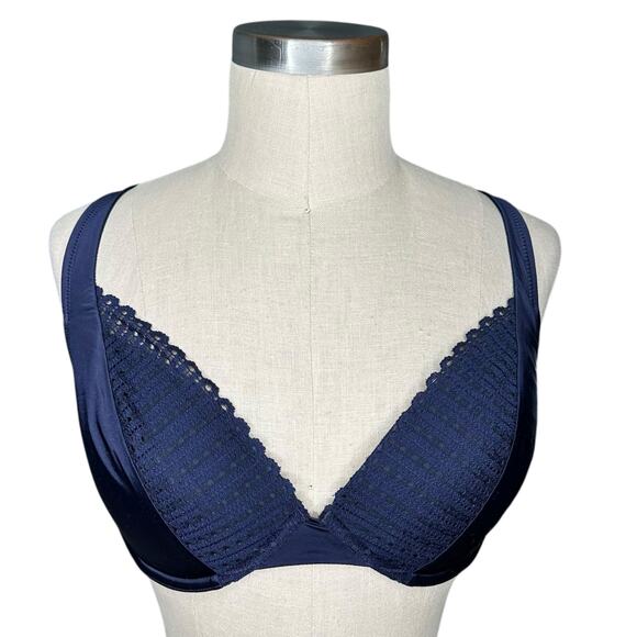 THIRDLOVE Navy Blue Matte & Shine Eyelet Plunge Bra Women's Size 34B - Picture 1 of 5